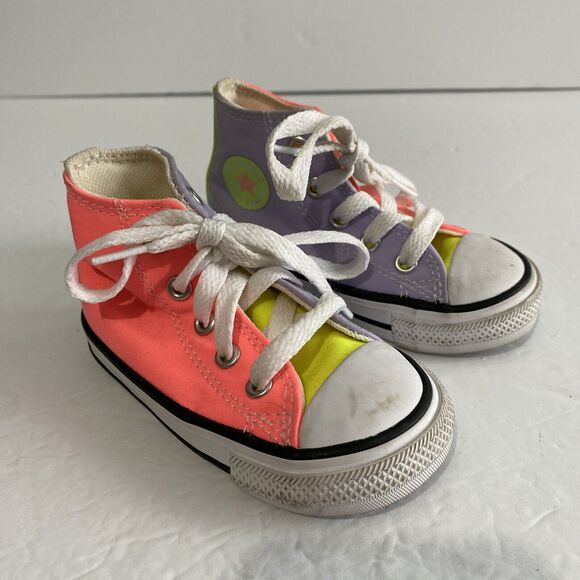 Converse Other - Converse Neon High Top Sneakers Electric Blush Toddler Size 5 Pink Yellow Purple